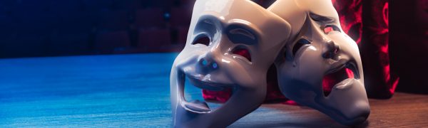 Theater,Masks,,Drama,And,Comedy,With,A,Red,Curtain,As
