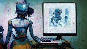 Humanoid,Ai,Robot,Working,In,An,Art,Studio,Painting,A